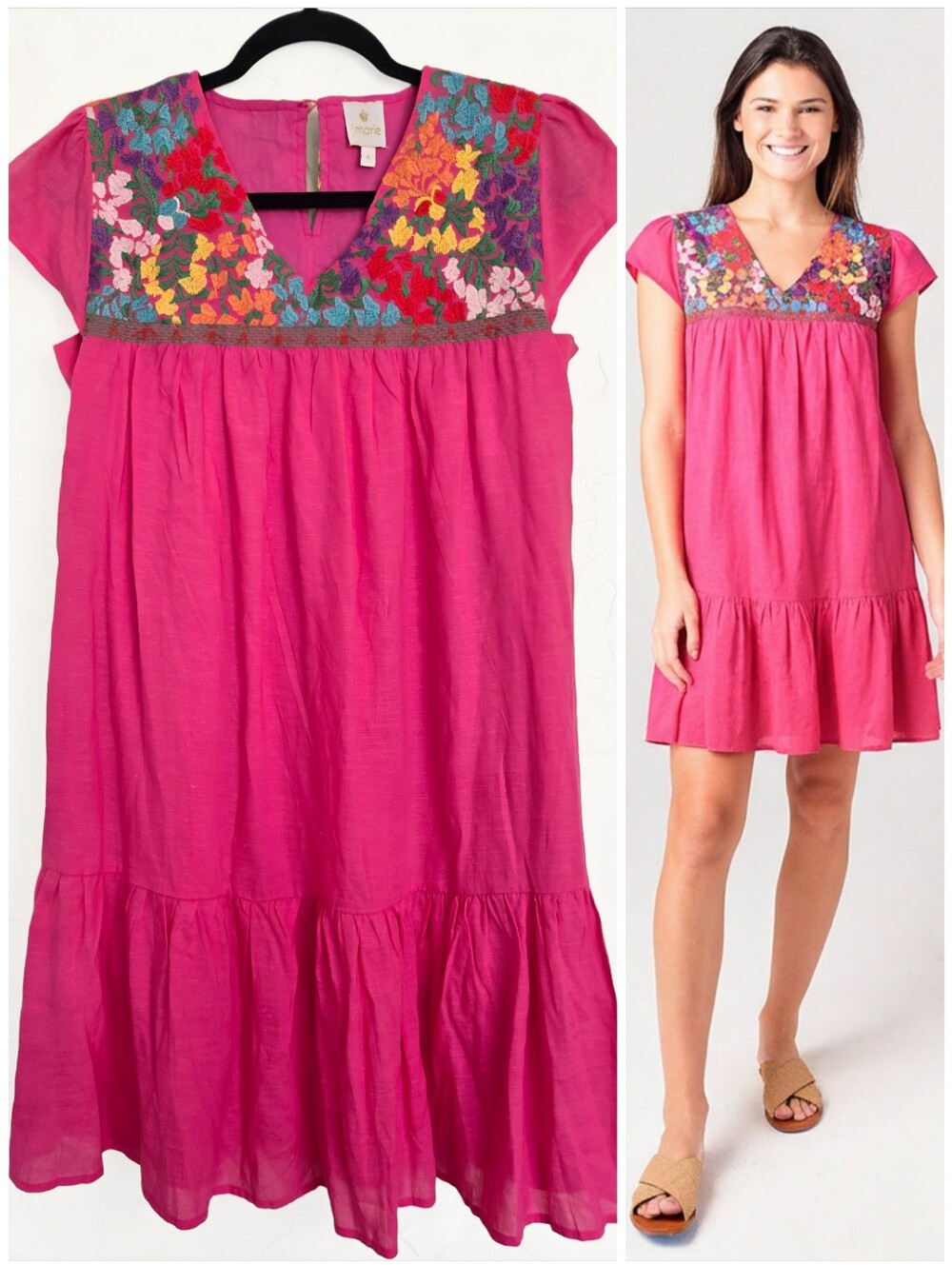J. Marie Embroidered Rainbow Floral Hot Pink Dress, S